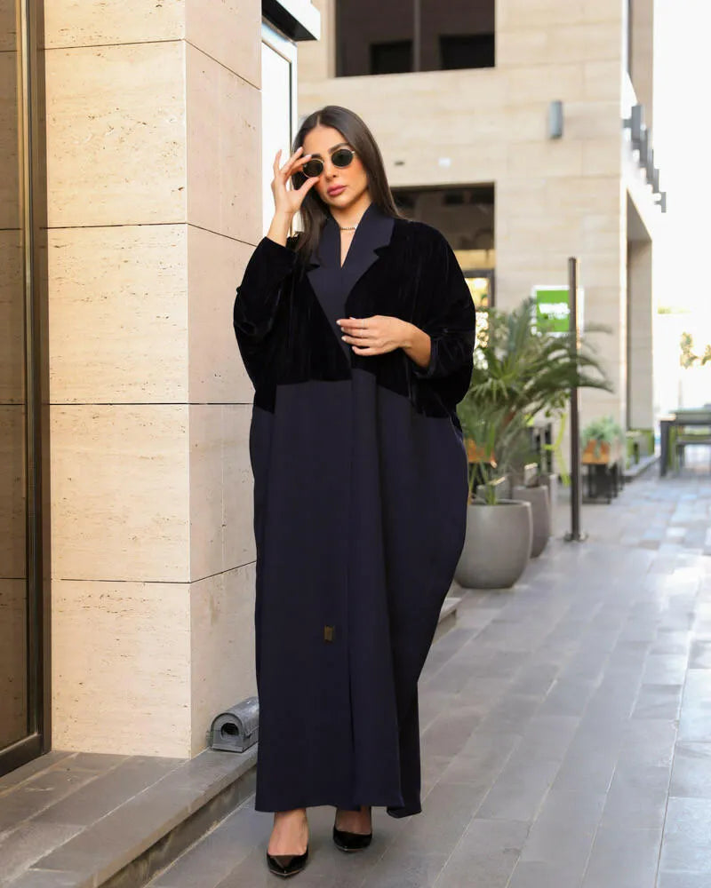 Free size navy velvet crepe blazer abaya