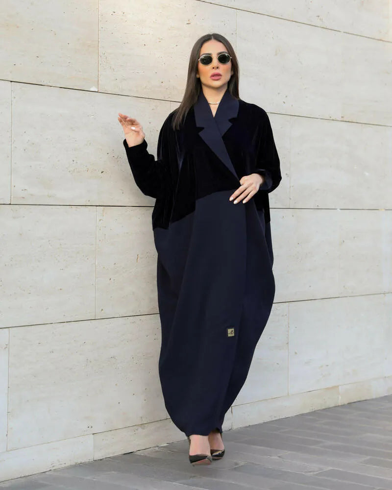 Free size navy velvet crepe blazer abaya