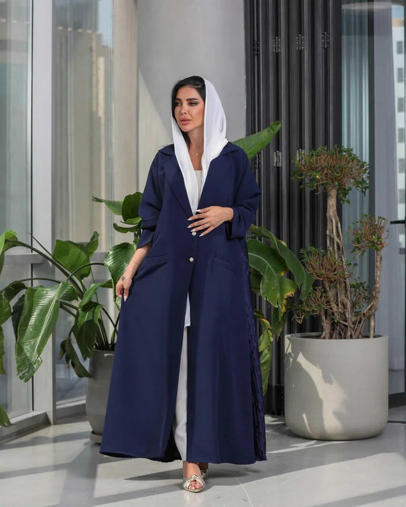Navy velvet crepe blazer abaya with back pleats