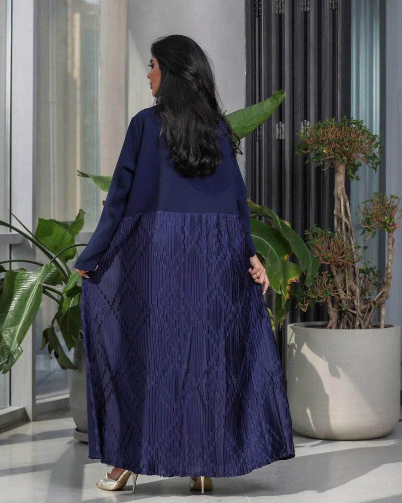 Navy velvet crepe blazer abaya with back pleats