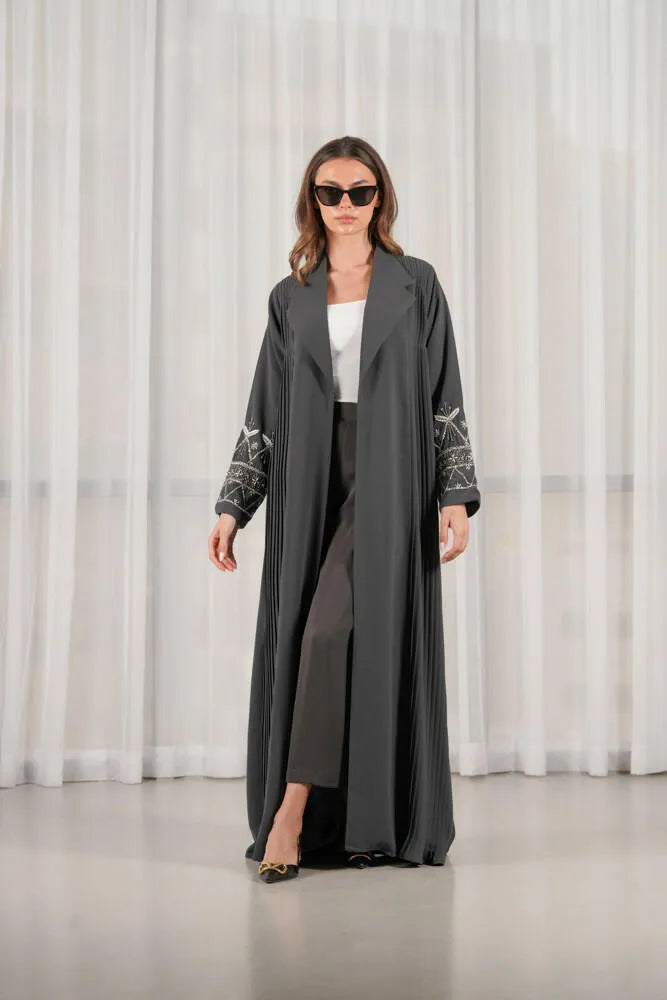 Velvet crepe blazer abaya with pleats and silver embroidery