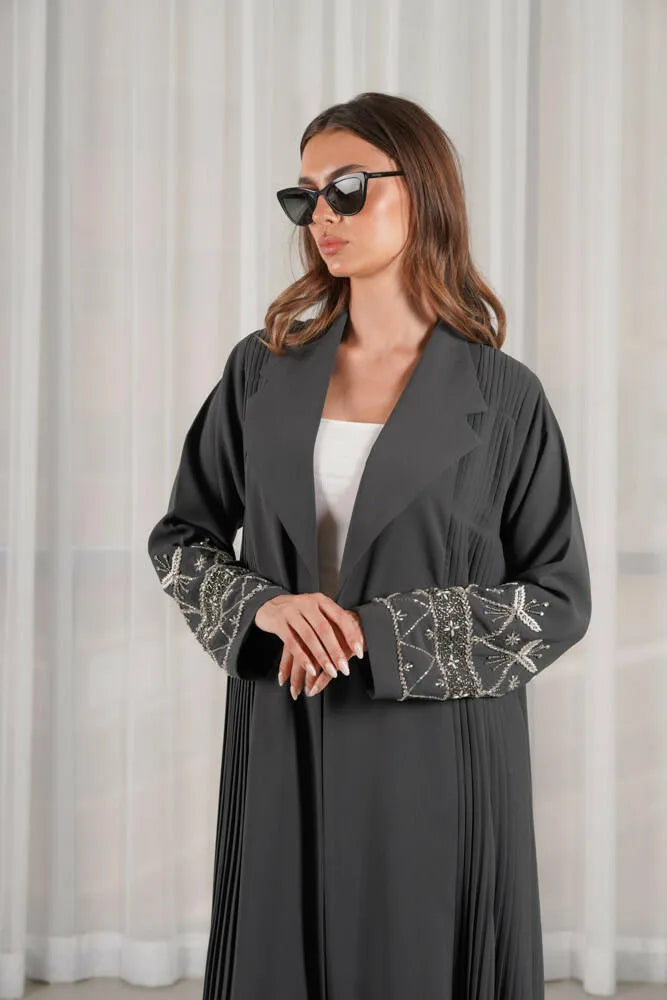 Velvet crepe blazer abaya with pleats and silver embroidery