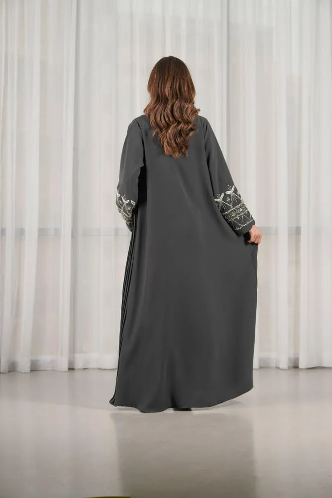 Velvet crepe blazer abaya with pleats and silver embroidery