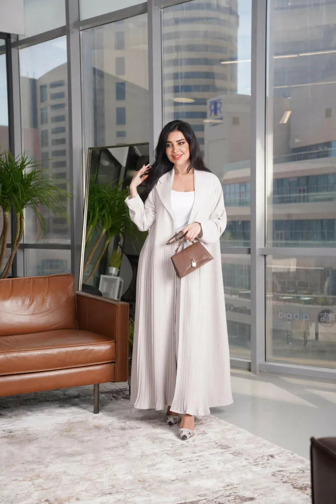 Beige velvet crepe blazer abaya with middle pleats