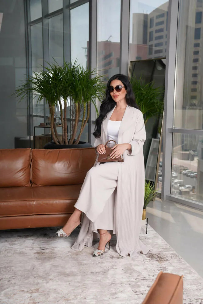 Beige velvet crepe blazer abaya with middle pleats