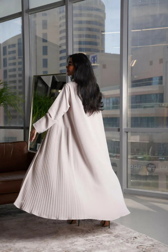 Beige velvet crepe blazer abaya with middle pleats