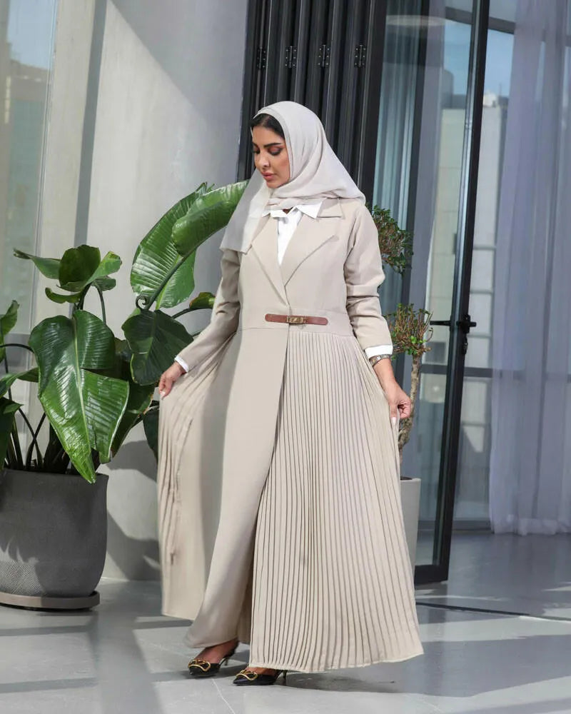 Velvet crepe blazer abaya with belt pleats