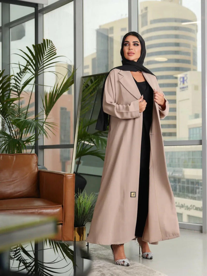 Beige velvet crepe blazer abaya with back pleats