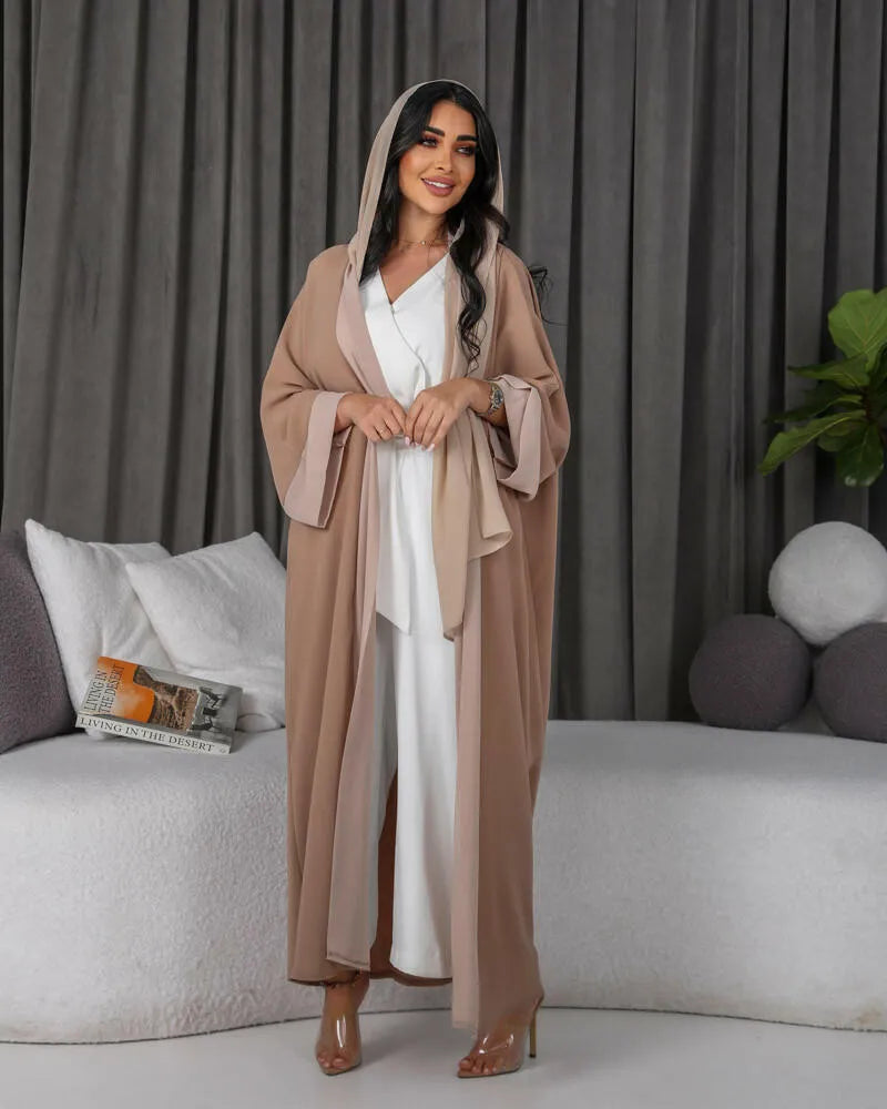 Free size beige crepe abaya with chiffon in front