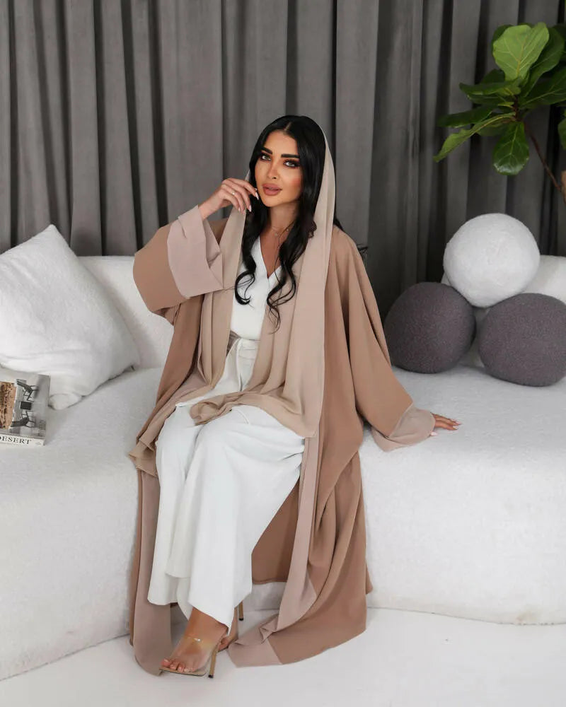Free size beige crepe abaya with chiffon in front