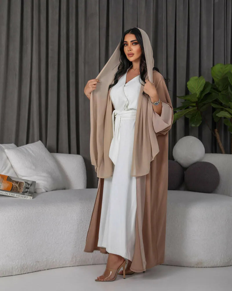 Free size beige crepe abaya with chiffon in front