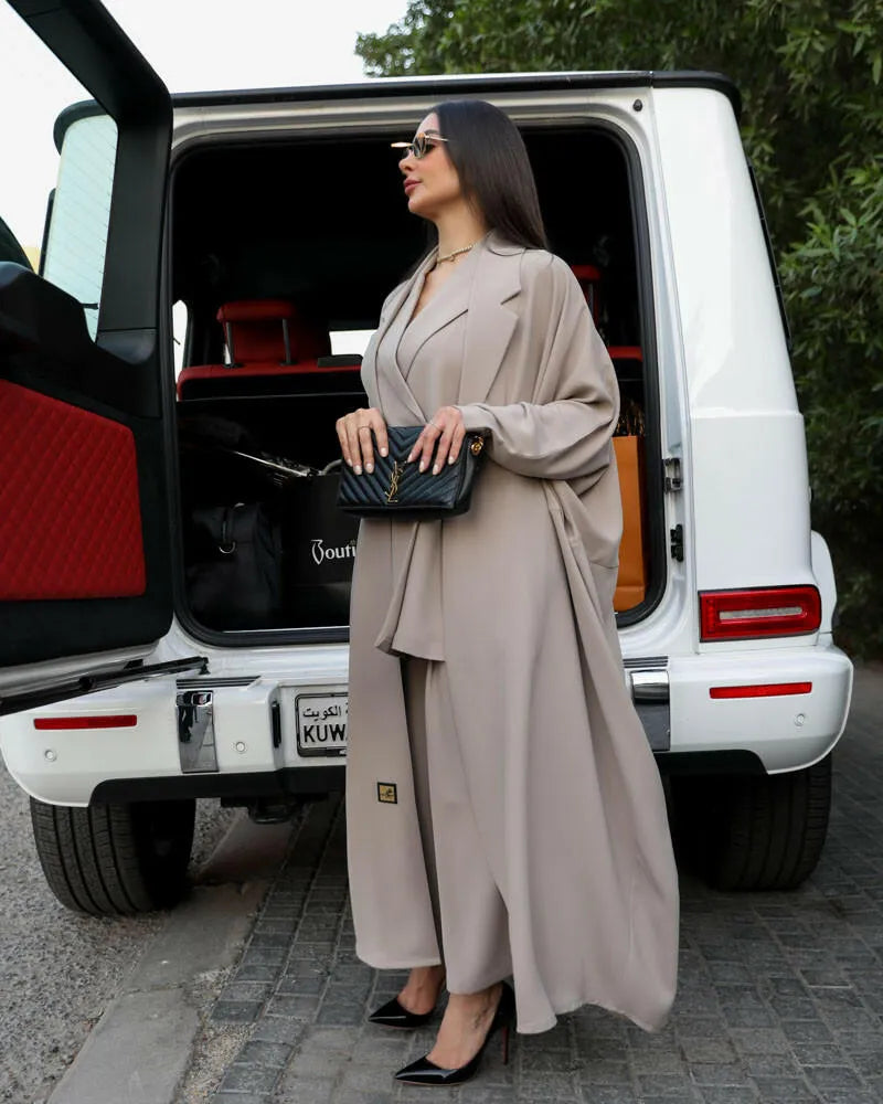 Free size beige crepe blazer abaya