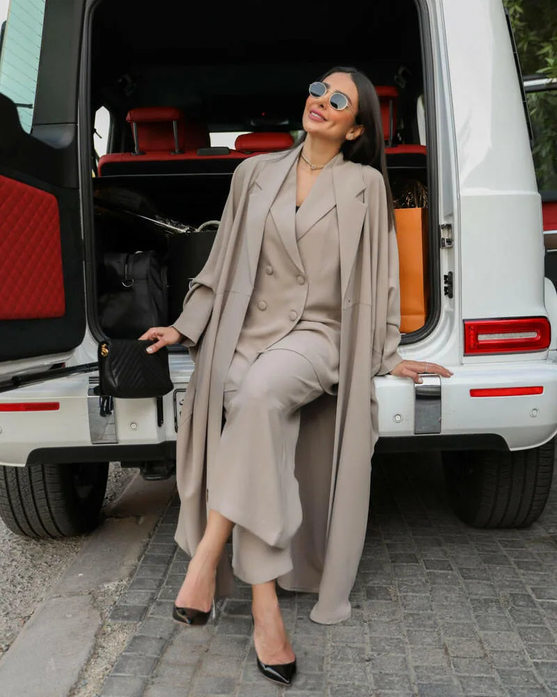 Free size beige crepe blazer abaya