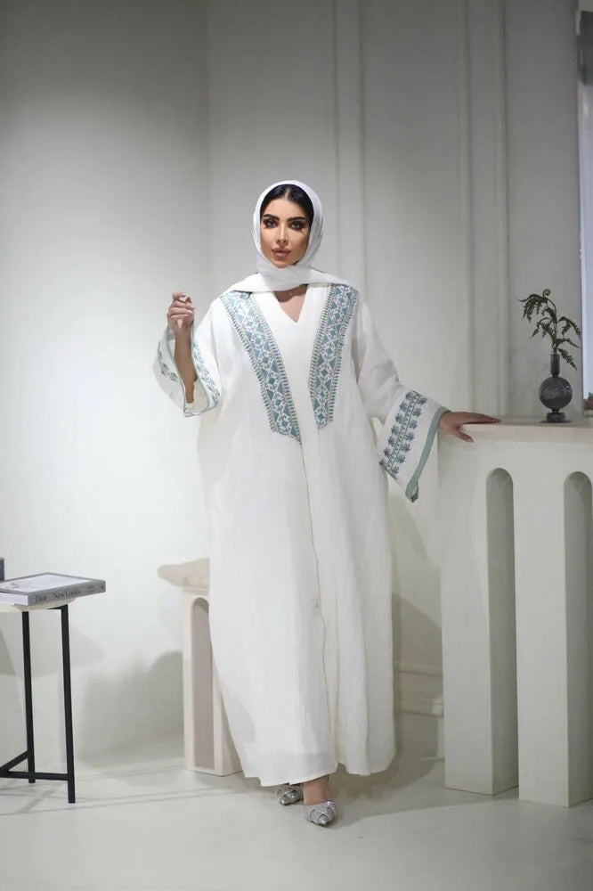 White linen cloak abaya with embroidery