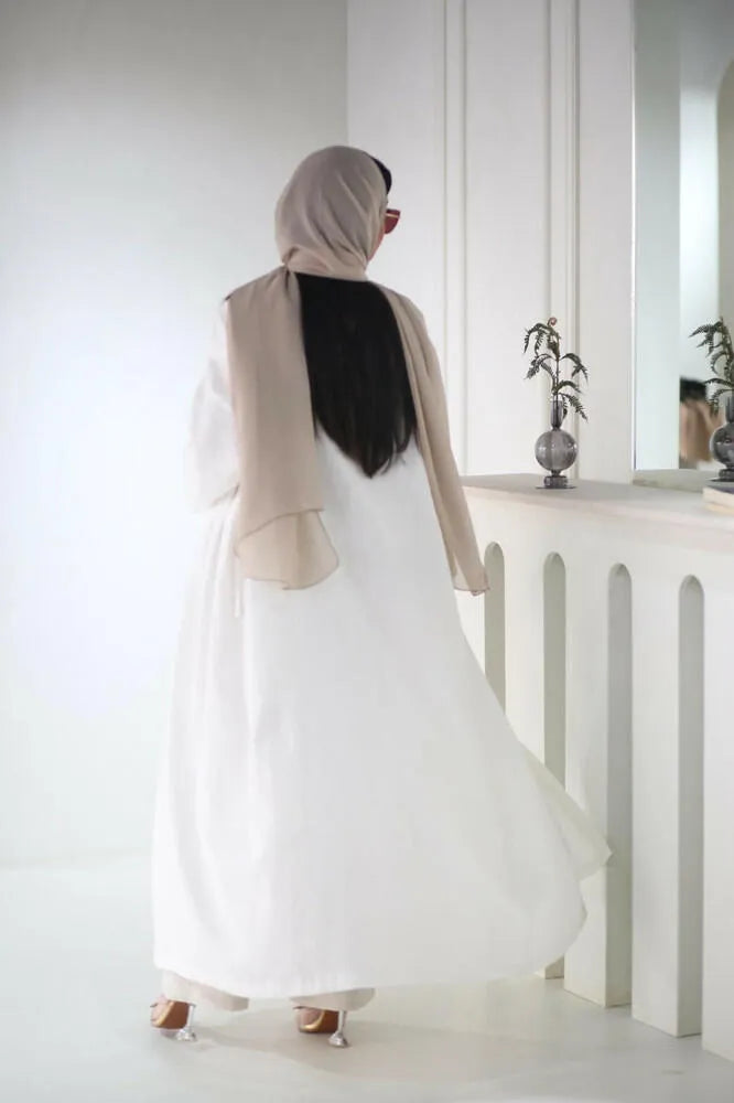 White linen cloak abaya with embroidery