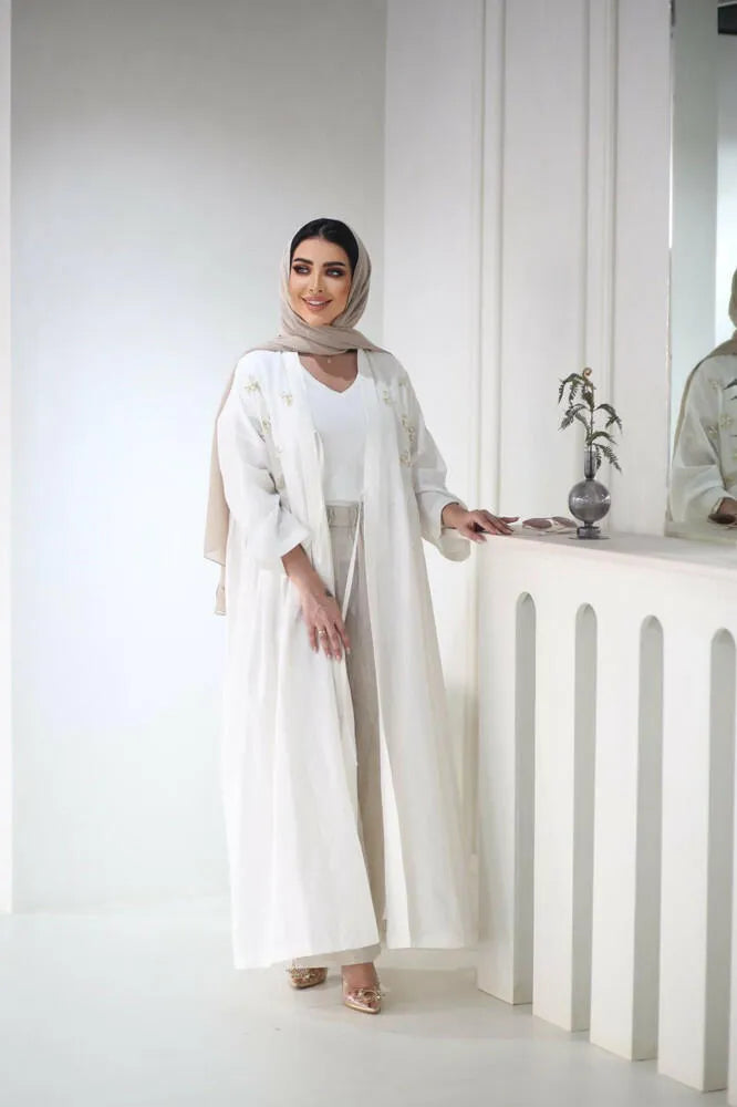 White linen cloak abaya with embroidery and pleats