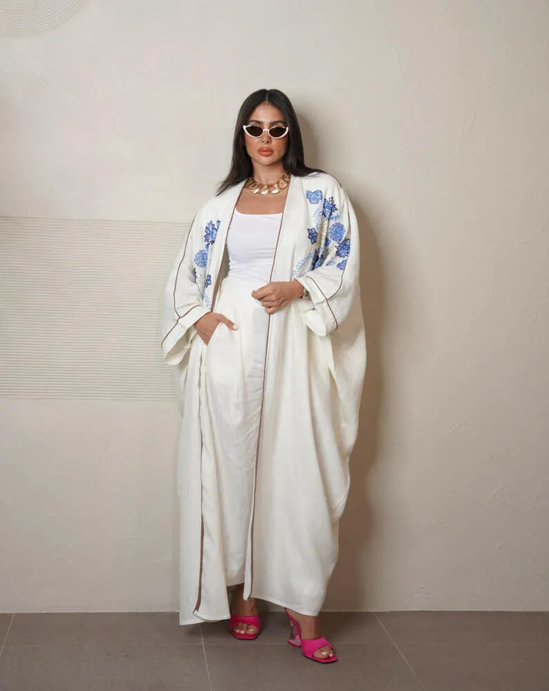 Free size linen cloak abaya with rose embroidery
