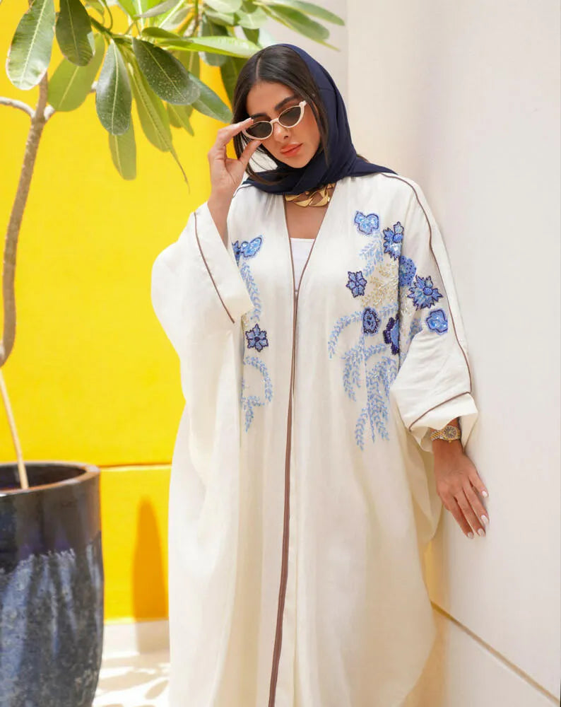 Free size linen cloak abaya with rose embroidery