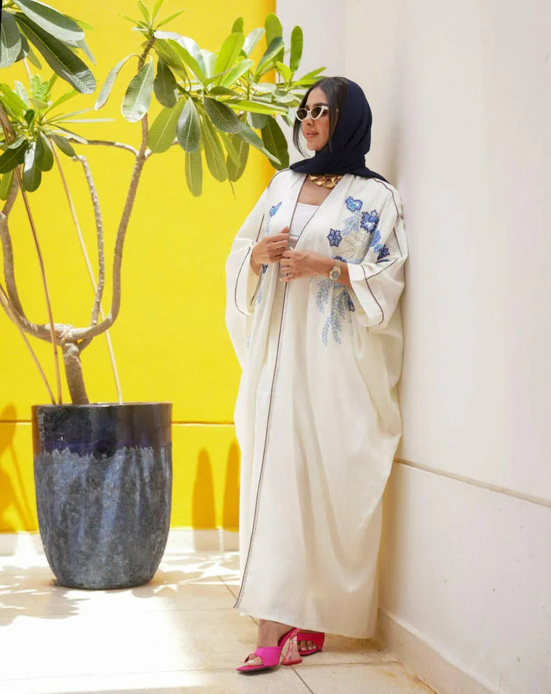 Free size linen cloak abaya with rose embroidery