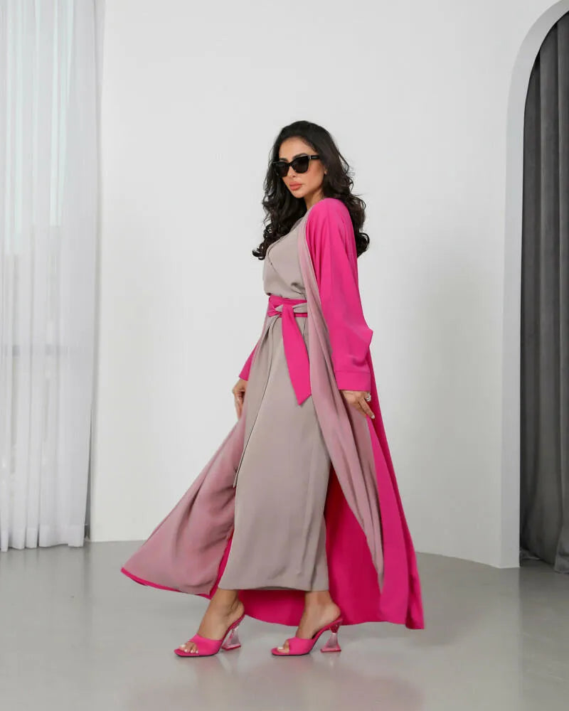 عباية كريب فوشيا بمقاس حر مع بطانة