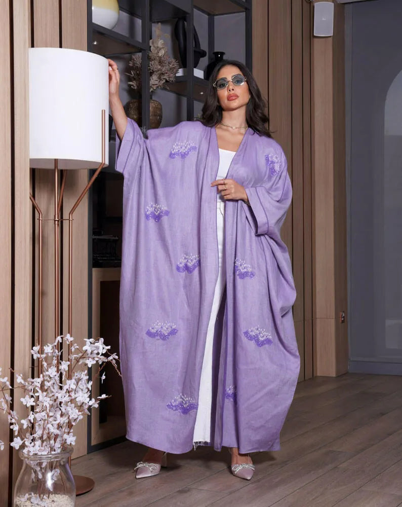 Free size purple linen cloak abaya with embroidery