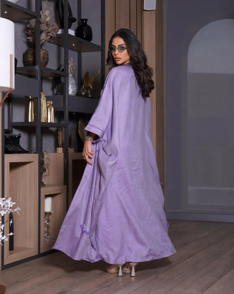 Free size purple linen cloak abaya with embroidery