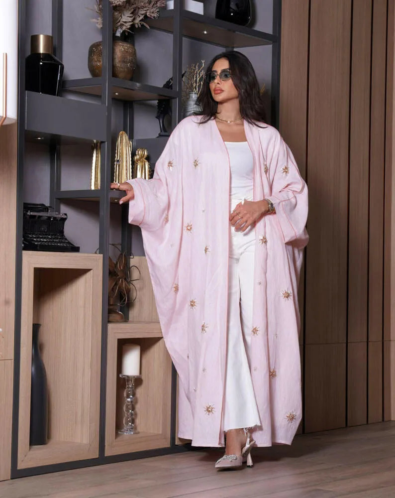 Free size apricot linen cloak abaya with embroidery