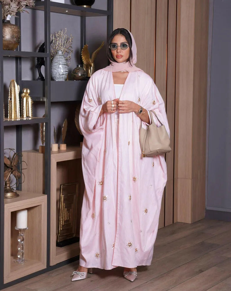 Free size apricot linen cloak abaya with embroidery