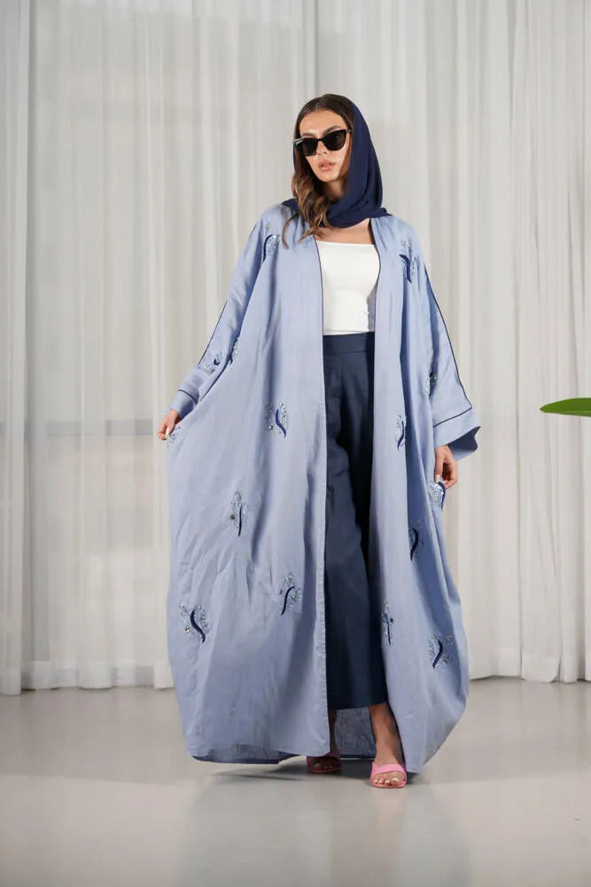 Free size sky blue linen cloak abaya with embroidery
