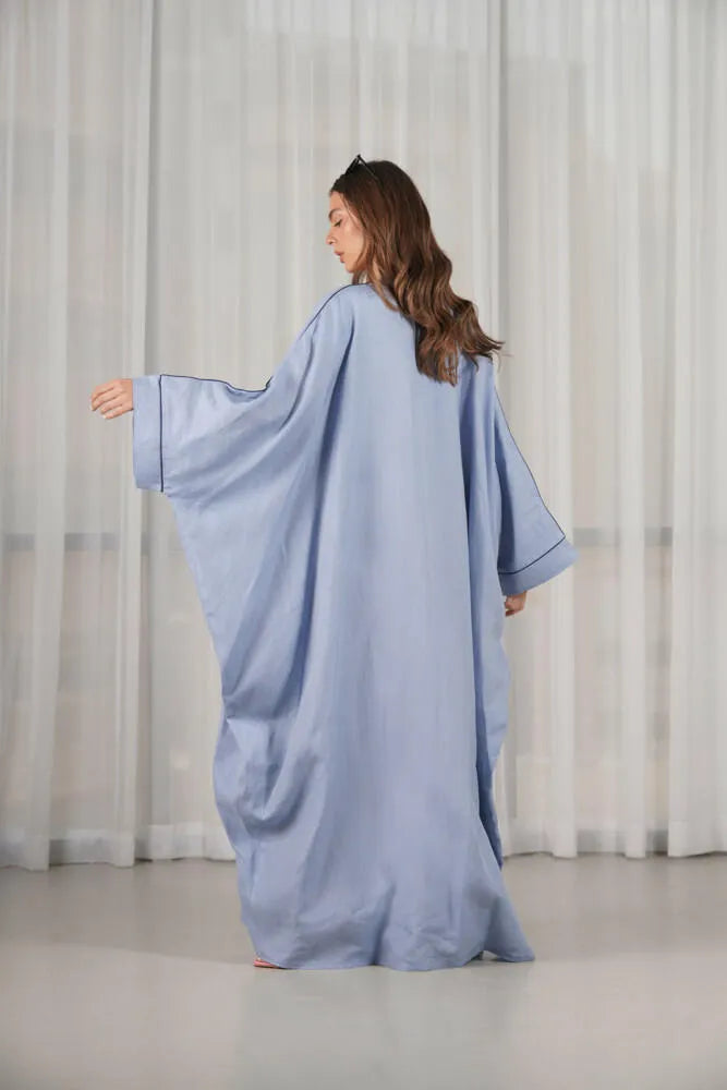 Free size sky blue linen cloak abaya with embroidery