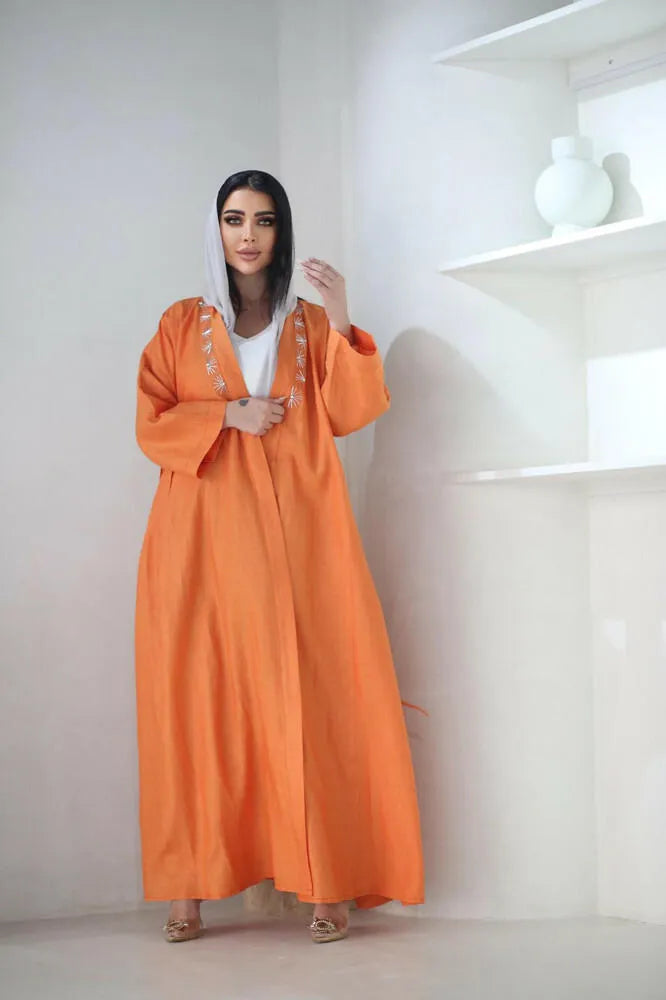 Free size orange linen cloak abaya with embroidery and pleats