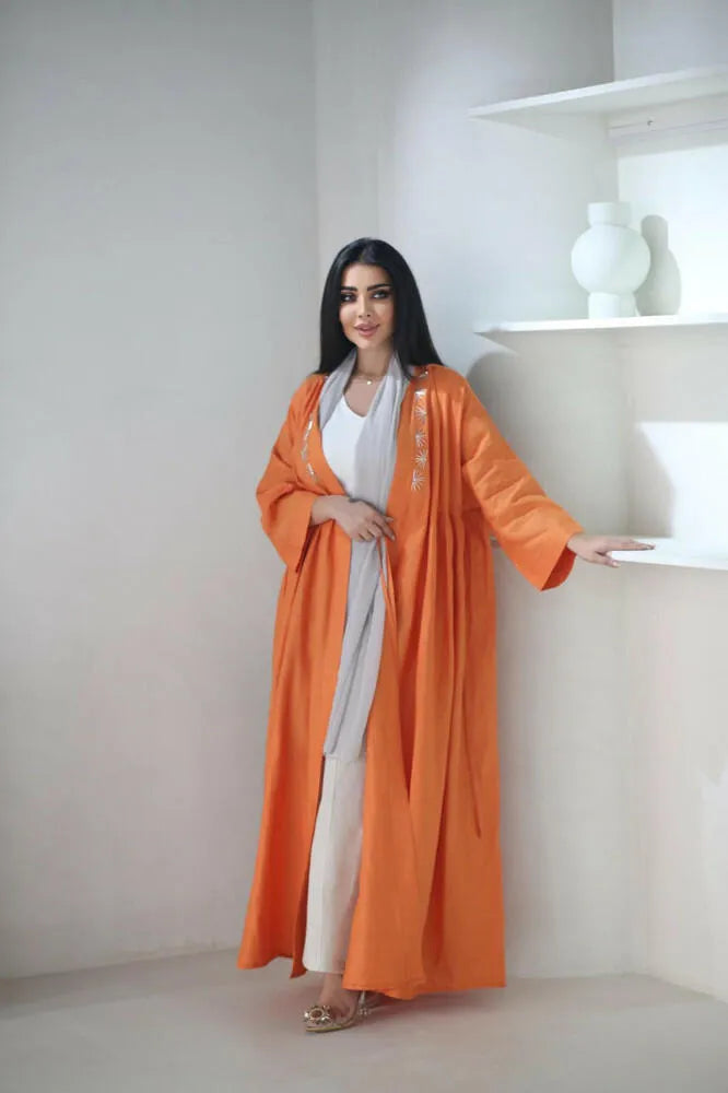 Free size orange linen cloak abaya with embroidery and pleats