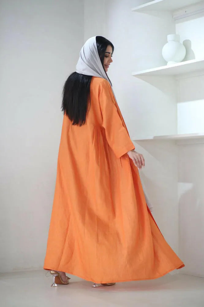Free size orange linen cloak abaya with embroidery and pleats