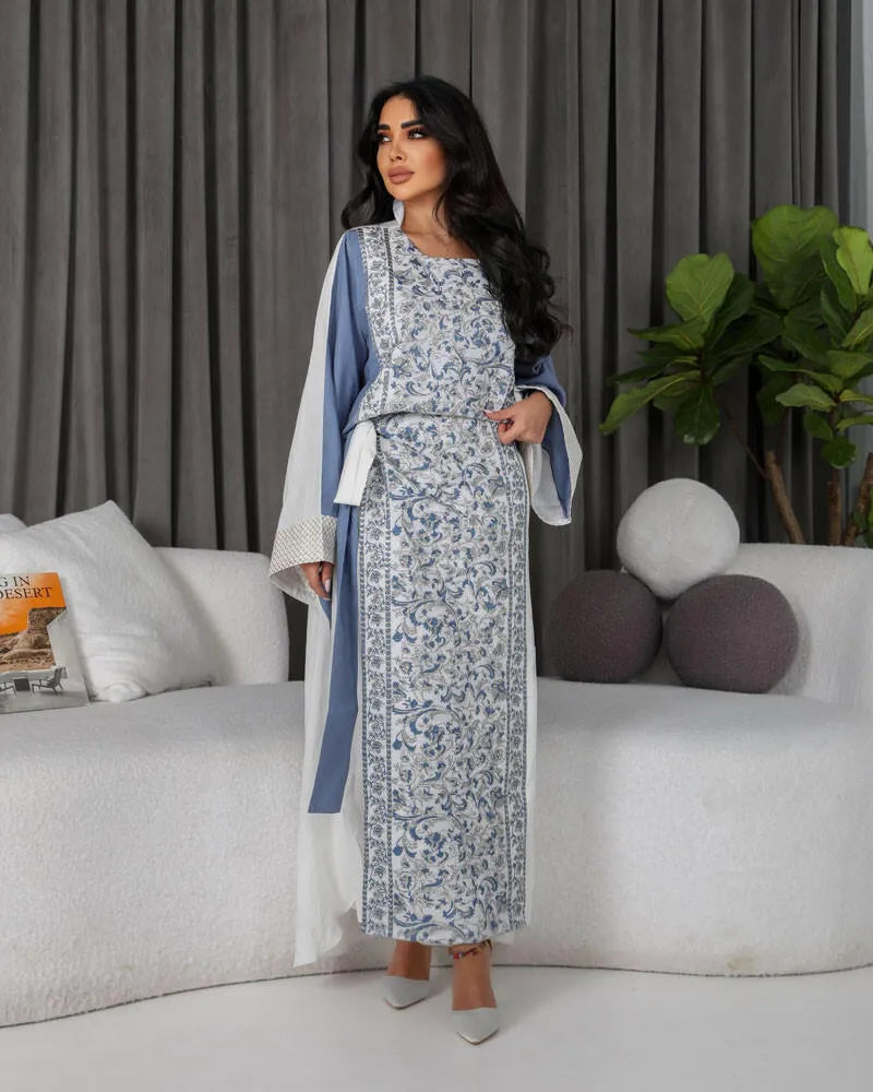 Two-piece dress with linen skirt and embroidery