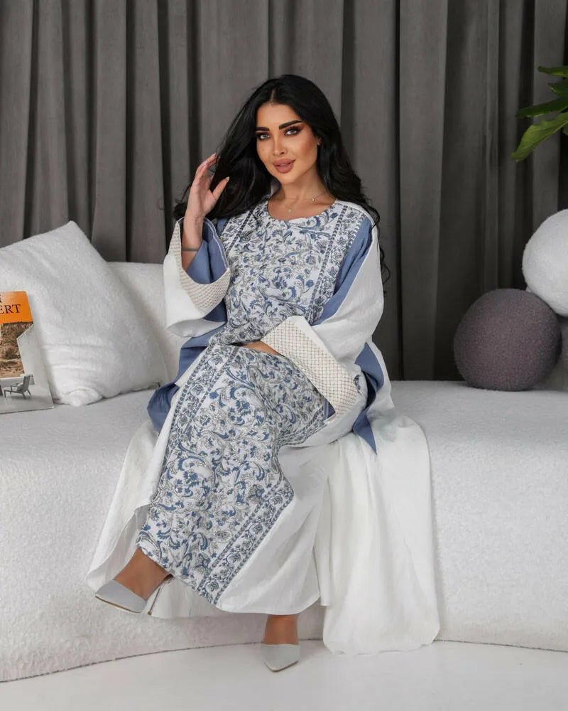 Two-piece dress with linen skirt and embroidery