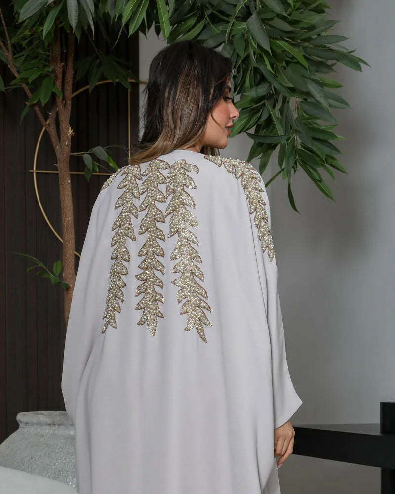 Free size grey crepe abaya with embroidered lining