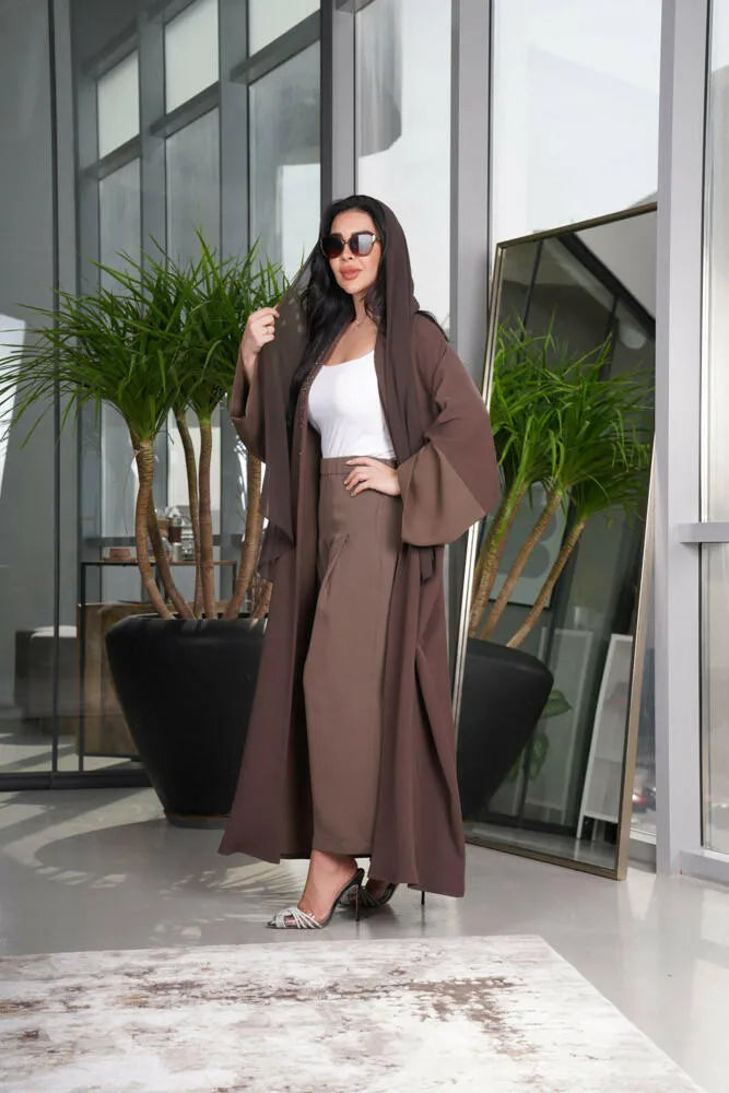Free size crepe abaya with brown embroidery in front