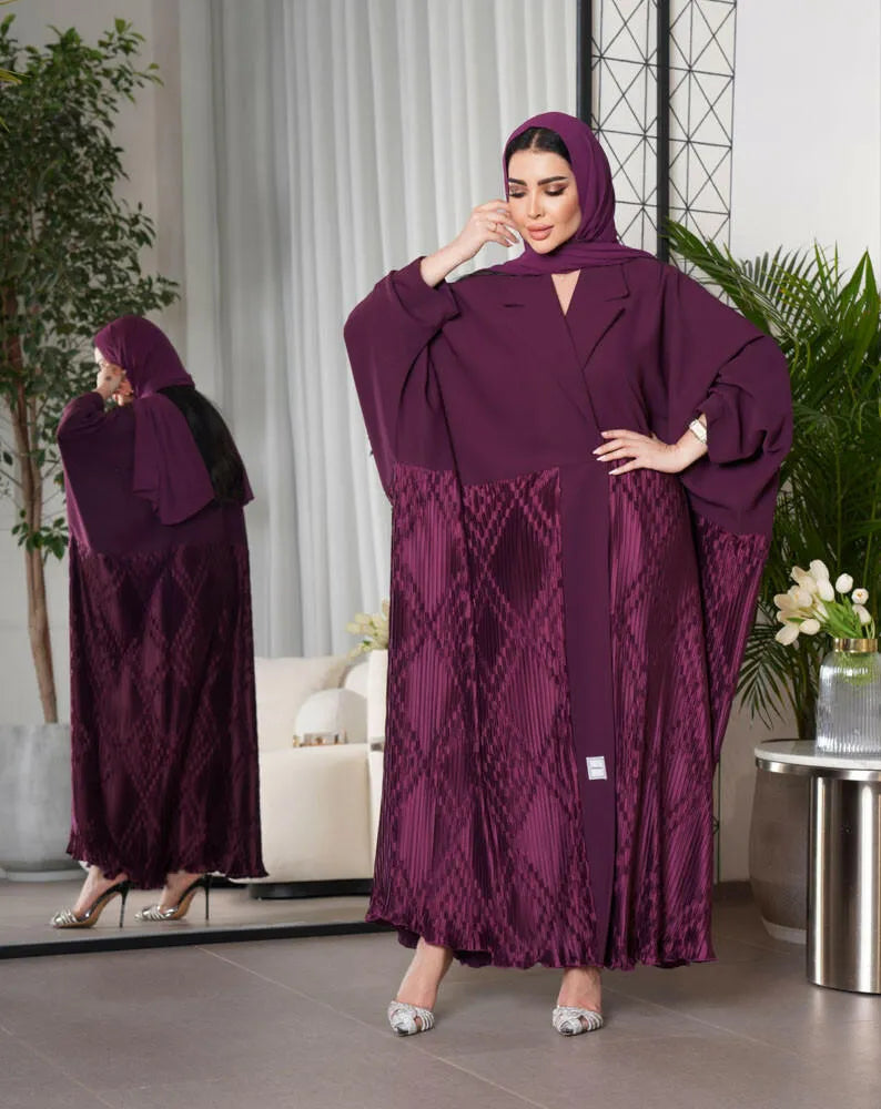 Free size maroon velvet crepe blazer abaya with pleats