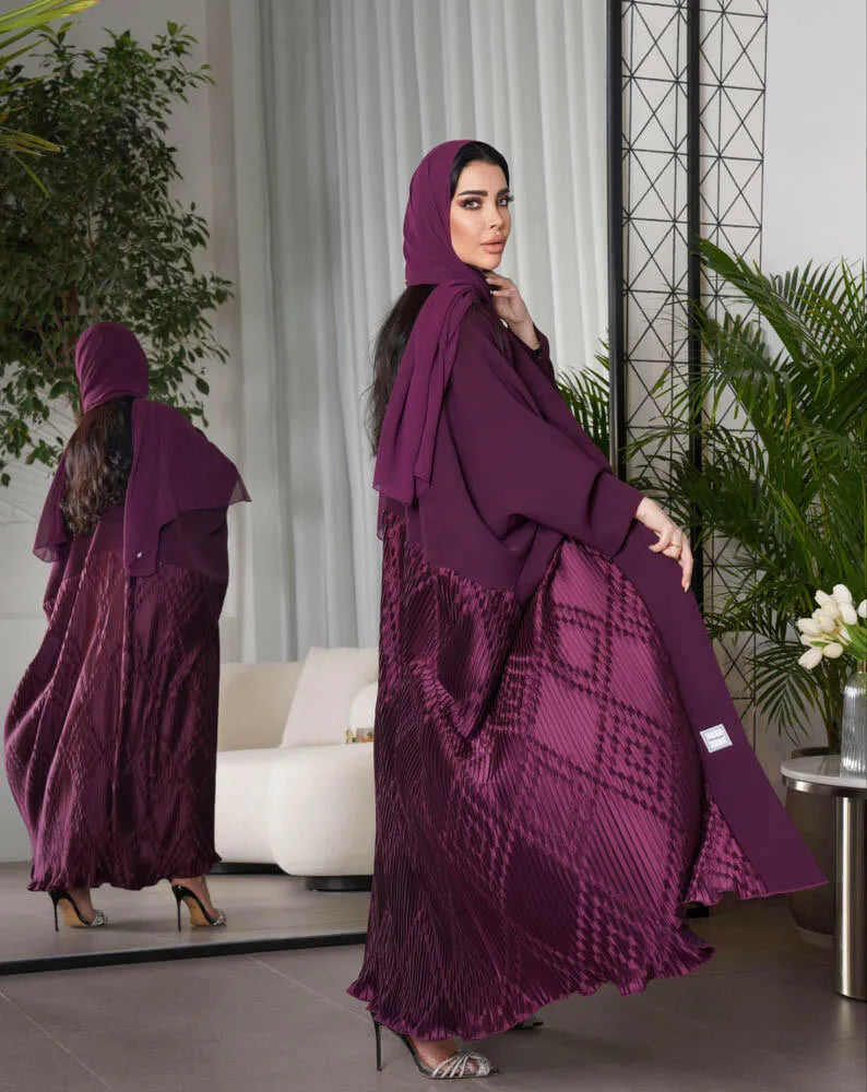 Free size maroon velvet crepe blazer abaya with pleats