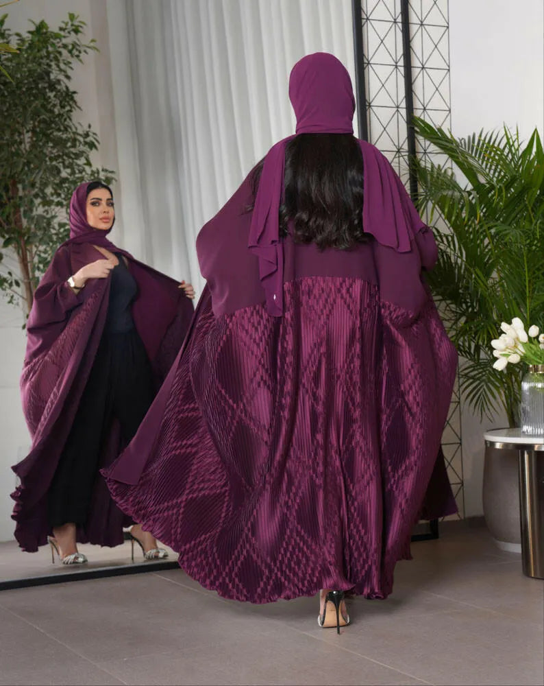 Free size maroon velvet crepe blazer abaya with pleats