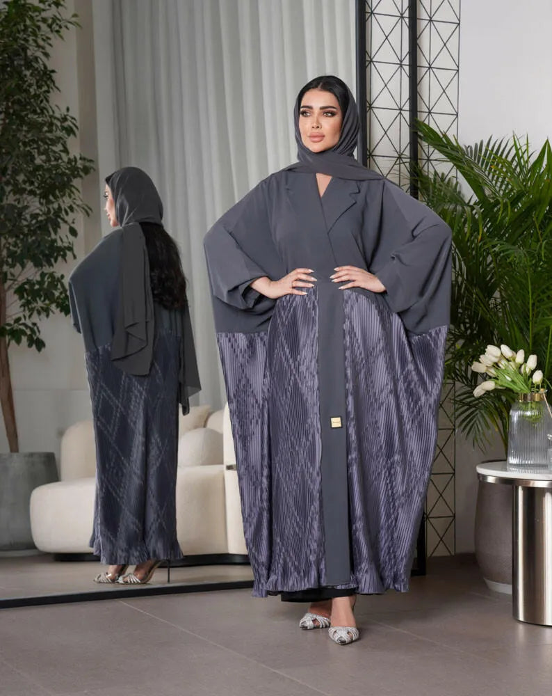 Free size grey velvet crepe blazer abaya with pleats