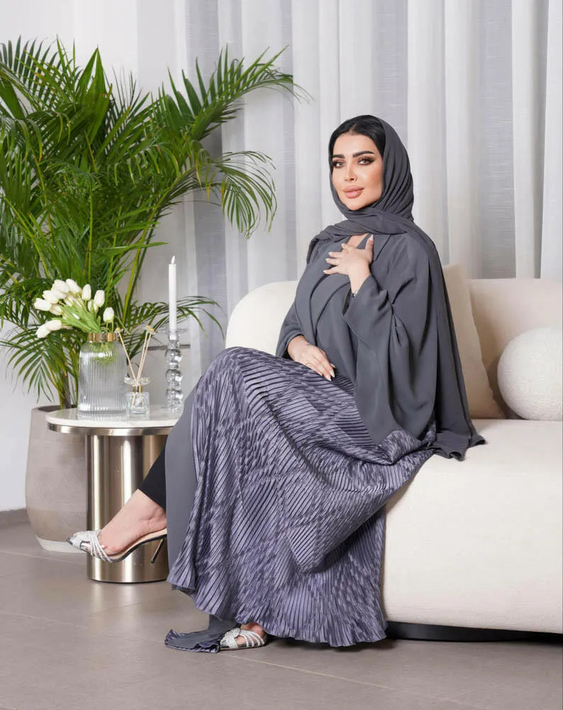 Free size grey velvet crepe blazer abaya with pleats