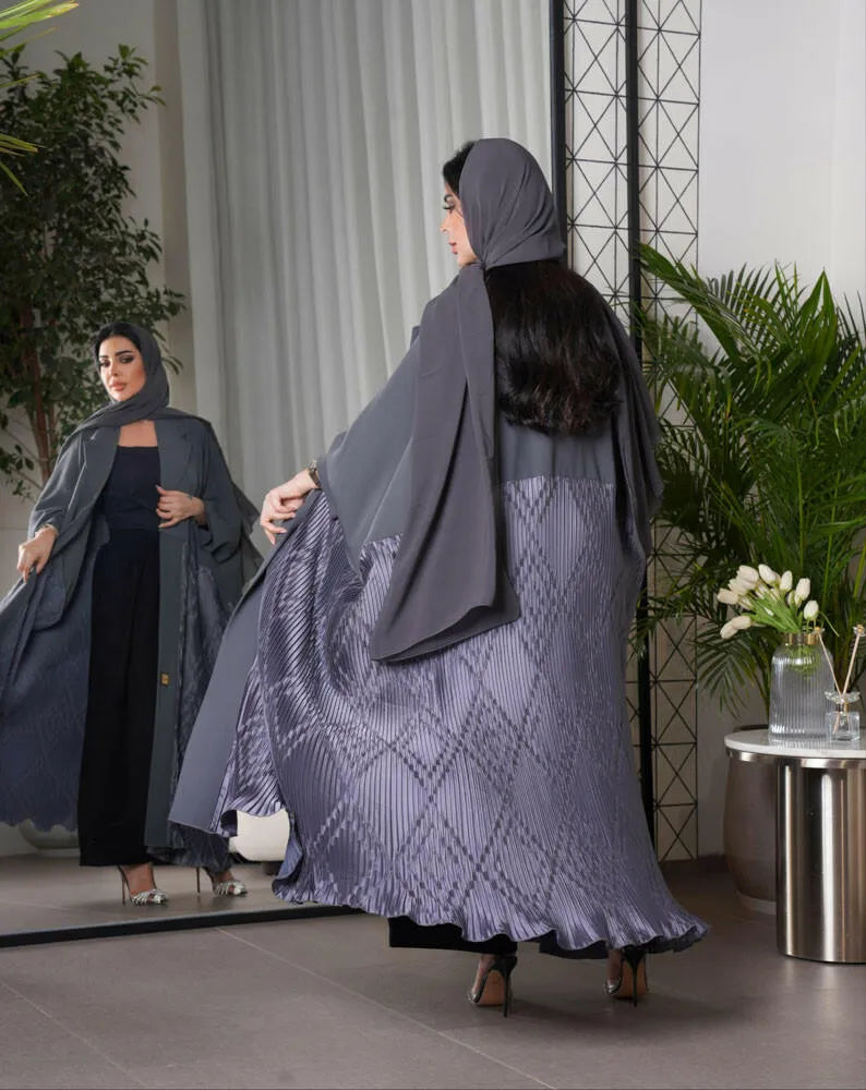 Free size grey velvet crepe blazer abaya with pleats
