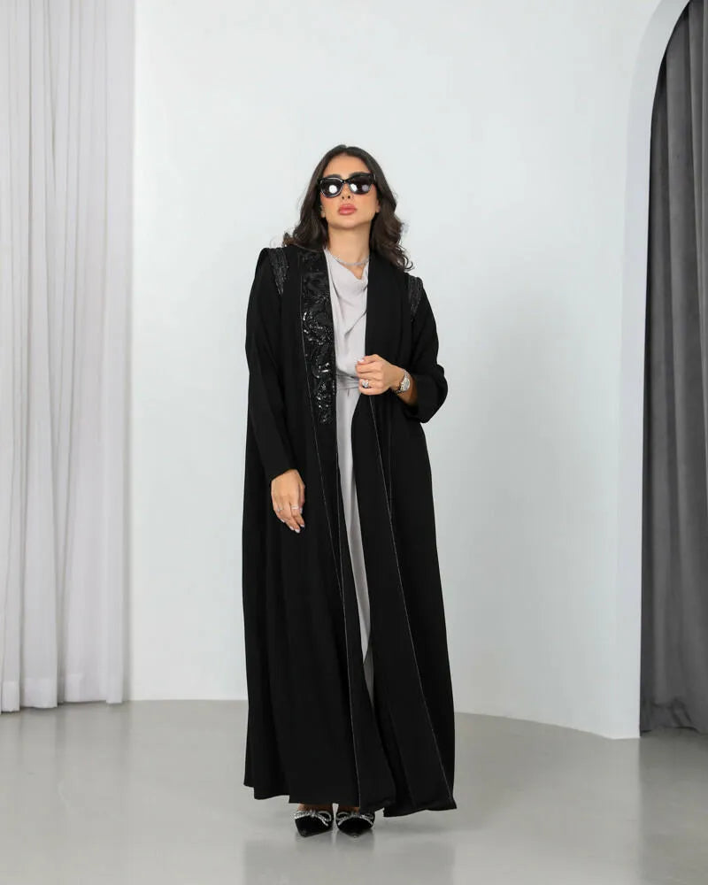 Black crepe abaya with black embroidery