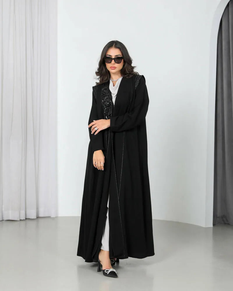 Black crepe abaya with black embroidery