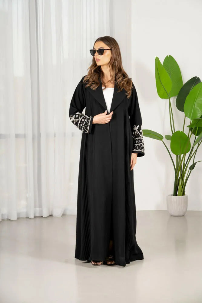 Velvet crepe blazer abaya with embroidery and pleats