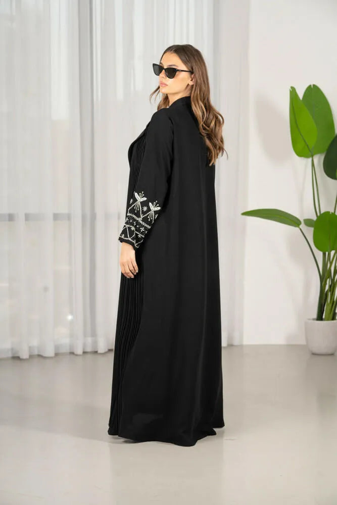 Velvet crepe blazer abaya with embroidery and pleats