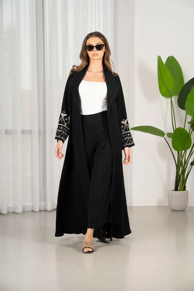 Velvet crepe blazer abaya with embroidery and pleats