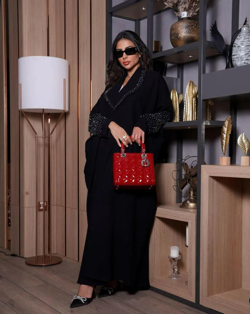 Free size blazer abaya with black and silver embroidery