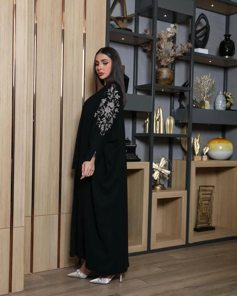 Free size black crepe abaya with rose gold embroidery